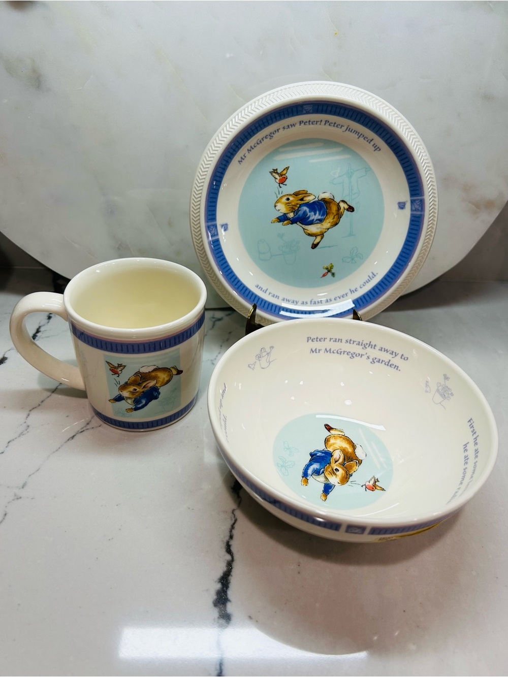 Wedgwood Peter Rabbit Children's Blue and Cream Ceramic Bowl, Plate & Mug Set